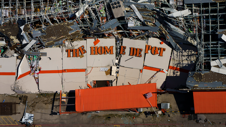 The destroyed Home Depot store at 11682 Forest Central Drive is seen in an aerial view of tornado damage on Monday, Oct. 21, 2019, in Dallas.