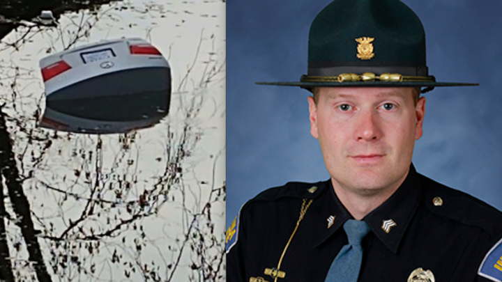 An Indiana State Police Sgt. Stephen Wheeles jumped into water Friday afternoon and used a hammer to rescue a woman trapped inside her sinking car.