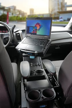 Gamber-Johnson&rsquo;s Panasonic Toughbook 55 Docking Station, mounted using the Mongoose XE motion attachment on the Chevrolet/GMC Truck and Full-Size SUV Console Kit.