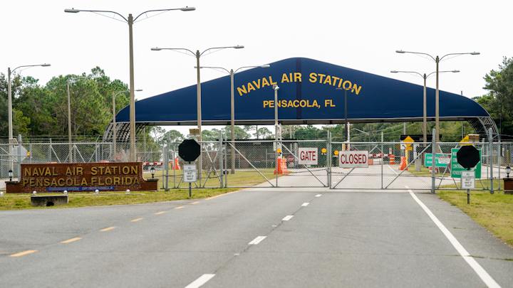 A general view of the atmosphere at the Pensacola Naval Air Station following a shooting on Dec. 6, 2019 in Pensacola, Fla. The second shooting on a U.S. Naval Base in a week has left three dead plus the suspect and seven people wounded.