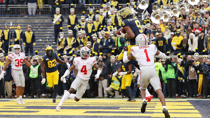 Michigan wide receiver Donovan Peoples-Jones (9) attempts to catch a touchdown pass in the second quarter of their Big Ten game against Ohio State at Michigan Stadium in Ann Arbor, on Saturday, November 30, 2019.