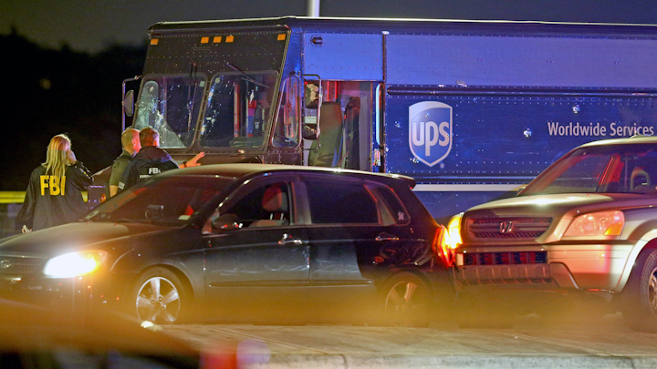 A UPS delivery truck involved in a robbery in Coral Gables and ending in a police shooting at Flamingo Road and Miramar Parkway, Thursday, Dec. 5, 2019.