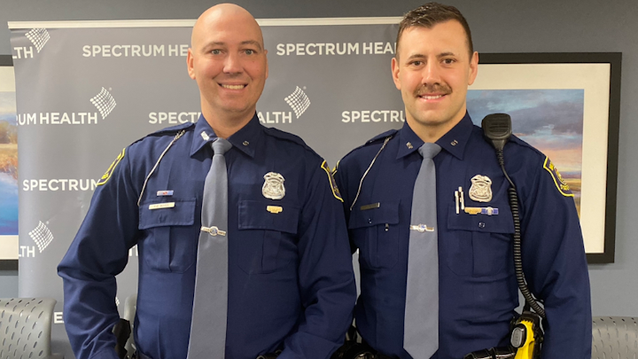 Michigan State Police Trooper David Burr (right) donated part of his liver to Trooper Christopher Boven, the officer who trained him while both were based at the MSP Post in Rockford.