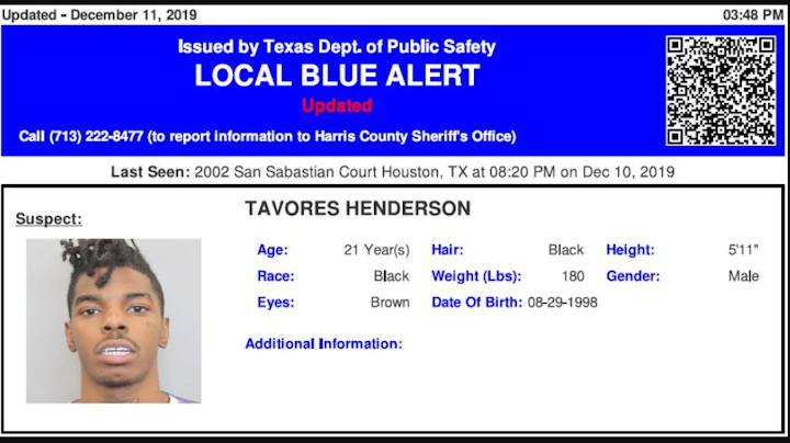 Tavores Henderson, who is wanted in the death of Nassau Bay Police Sgt. Kaila Sullivan may be headed for Louisiana, according to an alert issued Wednesday night from the Texas Department of Public Safety.