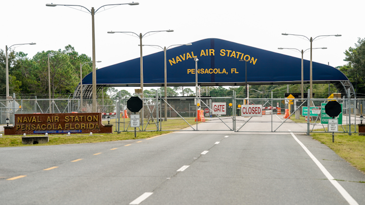 A general view of the atmosphere at the Pensacola Naval Air Station following a shooting on Dec. 6, 2019 in Pensacola, Fla.