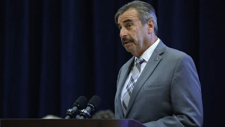 Chicago police interim Superintendent Charlie Beck speaks during a Chicago Police Board meeting at the JLM Abundant Life Center on Dec. 12, 2019, in Chicago.