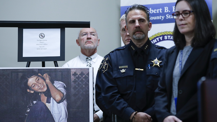 A photograph of Pamela Maurer as law enforcement officials listen to DuPage County State's Attorney Robert Berlin (not pictured) speak at a news conference regarding the murder of Pamela Maurer back in 1976, seen here at DuPage Courthouse Annex in Wheaton on Monday, Jan. 13, 2020. Berlin named now deceased Bruce Lindahl as the murderer.