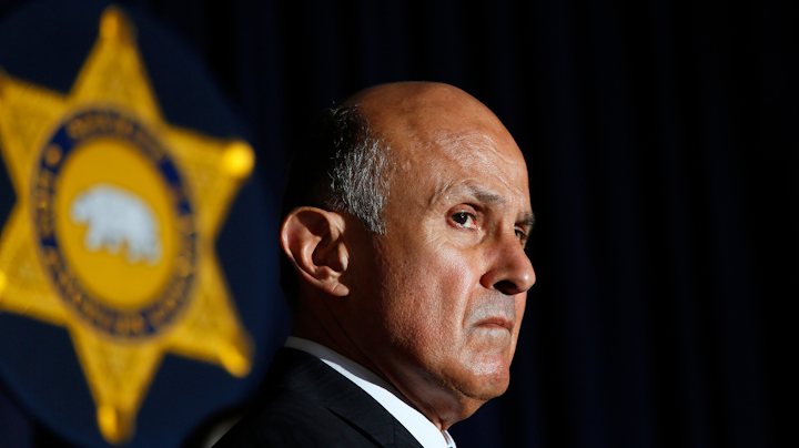 Los Angeles County Sheriff Lee Baca and detectives from the Major Crimes Bureau address an April 2013 press conference about an investigation into a bank heist crew that accessed the roofs of banks with power tools to get into cement vaults. Baca is likely headed to prison after the U.S. Supreme Court denied a request to review his case. He was convicted for helping orchestrate a scheme to interfere with an FBI investigation into abuses at the county's jails.