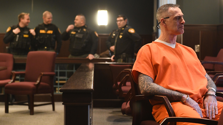 Jay Brannon, 45, of Atwater, enters a guilty plea for attempted aggravated murder, aggravated arson, felonious assault and forgery. Jay Brannon, waiting in jury box for proceedings to begin, turned away from the mulitple officers as he quietly cried.