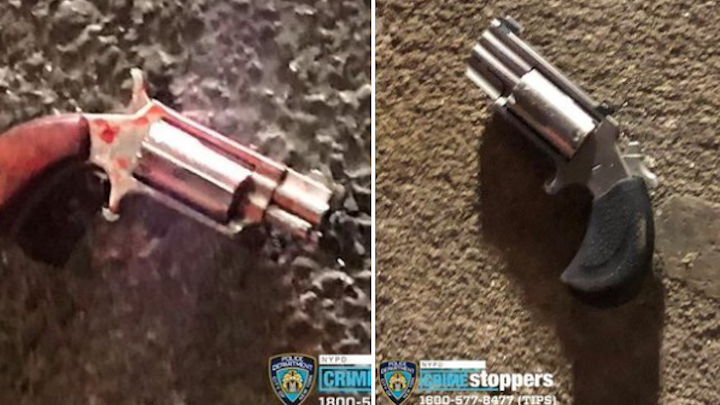 NYPD officials released images of the suspects' firearms after officers fatally shot a parolee moments after he fatally shot a gunman in the East Village early Thursday morning.