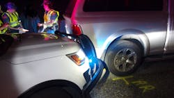 Trooper Vanderwielen happened to be nearby and saw the wayward car and managed to intentionally crash his patrol car into the back of car, stopping it in the left lane. Trooper Vanderwielen happened to be nearby and saw the wayward car and managed to intentionally crash his patrol car into the back of car, stopping it in the left lane.