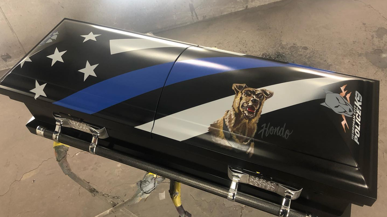 Herriman City Police K-9 Hondo, who was killed in the line of duty earlier this month will be honored with a custom-painted casket during a memorial service.