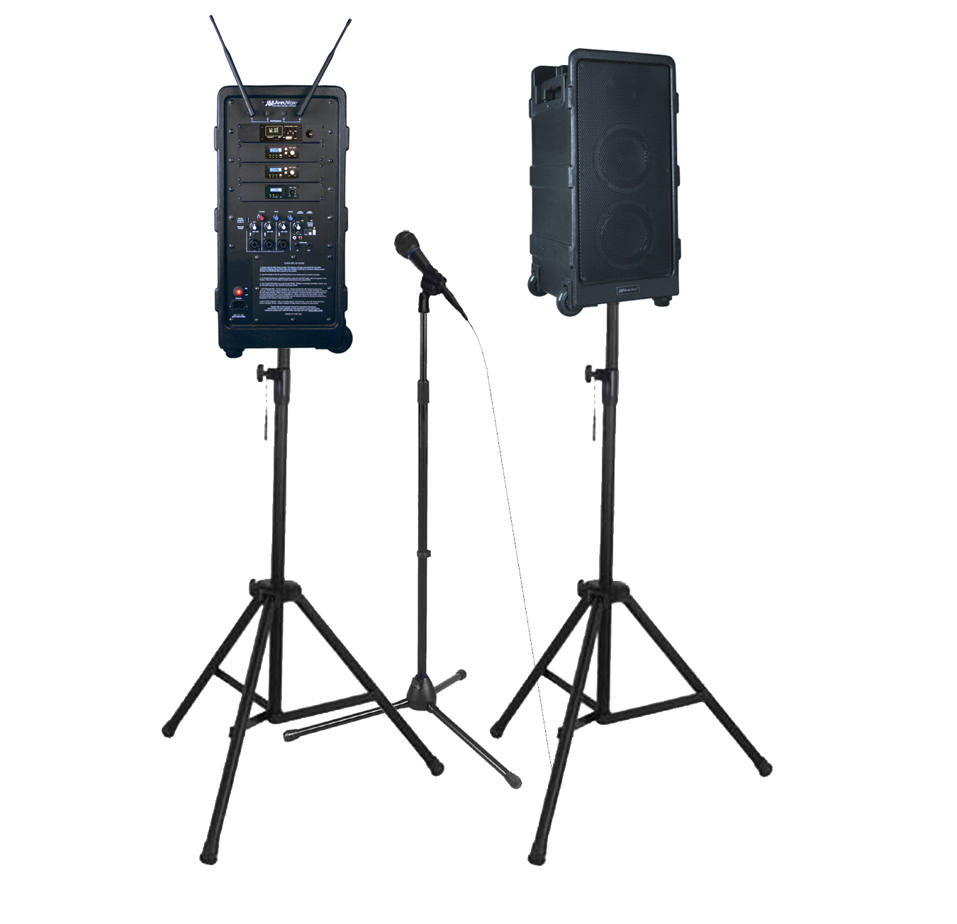 The AmpliVox SW925-96, shown with optional additional speaker, mic stand, and tripods.