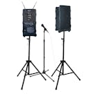 The AmpliVox SW925-96, shown with optional additional speaker, mic stand, and tripods.