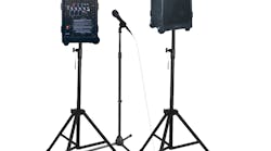 The AmpliVox SW925-96, shown with optional additional speaker, mic stand, and tripods.