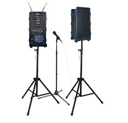 The AmpliVox SW925-96, shown with optional additional speaker, mic stand, and tripods. The AmpliVox SW925-96, shown with optional additional speaker, mic stand, and tripods.