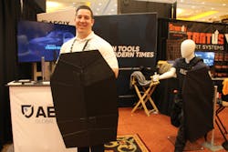 Aegix Global partnered with Advanced Technology Compliant Solutions, (ATCS) to design a foldable, ballistic shield: the Swift Shield. The idea is that an officer doesn&rsquo;t have to make room for large, bulky riot-type shields. Instead, an officer can simply fold it up &ldquo;origami style&rdquo; and easily engage it when needed. Bryan Segal, R-BIC and Swift Shield specialist for AEGIX displays the prototype of the unique ballistic shield.