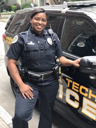 The Georgia Tech Police Department obtained a grant to purchase new body cams for their officers. (Officer Jessica Howard shown)