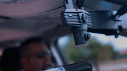 The WatchGuard 4RE in-car video system's high-definition Panoramic X2 video camera, as seen through a patrol car's windshield.