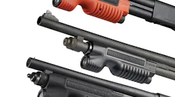 The Streamlight TL Racker on the Remington 870 (at top, with the less-lethal orange TL Racker) and the Mossberg 500 (at bottom) and Mossberg 590 (at middle) shotguns.