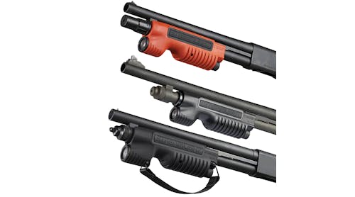 The Streamlight TL Racker on the Remington 870 (at top, with the less-lethal orange TL Racker) and the Mossberg 500 (at bottom) and Mossberg 590 (at middle) shotguns.