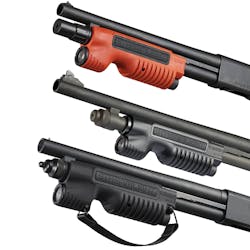The Streamlight TL Racker on the Remington 870 (at top, with the less-lethal orange TL Racker) and the Mossberg 500 (at bottom) and Mossberg 590 (at middle) shotguns.