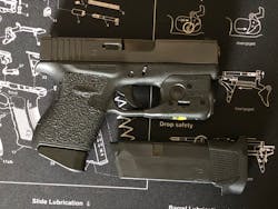 The Glock 43 with standard magazine inserted and Streamlight TLR-6 mounted. Magazine with +2 floorplate for backup shown. The Glock 43 with standard magazine inserted and Streamlight TLR-6 mounted. Magazine with +2 floorplate for backup shown.