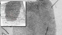 A latent thumbprint from the crime scene (inset) was matched to this IAFIS record.