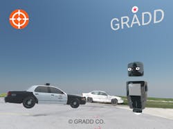 GRADD&apos;s Virtual Reality software not only documents the scene as it was but investigators can import added elements if need be such as marking evidence, or in this case adding the police unit on the scene.
