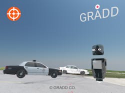 GRADD's Virtual Reality software not only documents the scene as it was but investigators can import added elements if need be such as marking evidence, or in this case adding the police unit on the scene. GRADD's Virtual Reality software not only documents the scene as it was but investigators can import added elements if need be such as marking evidence, or in this case adding the police unit on the scene.