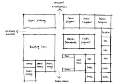 Building from the bubble diagrams, space needs assessments, and component diagrams, a conceptual space layout confirms operations with a layout of the unit. Building from the bubble diagrams, space needs assessments, and component diagrams, a conceptual space layout confirms operations with a layout of the unit.