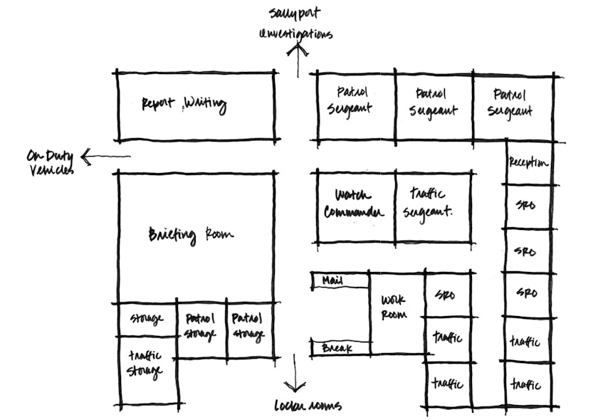 Building from the bubble diagrams, space needs assessments, and component diagrams, a conceptual space layout confirms operations with a layout of the unit.