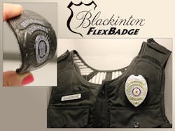 Blackinton&apos;s FlexBadge FLX879-H style features a subdued black finish and a silver/gold two-tone finish both with Velcro backing.