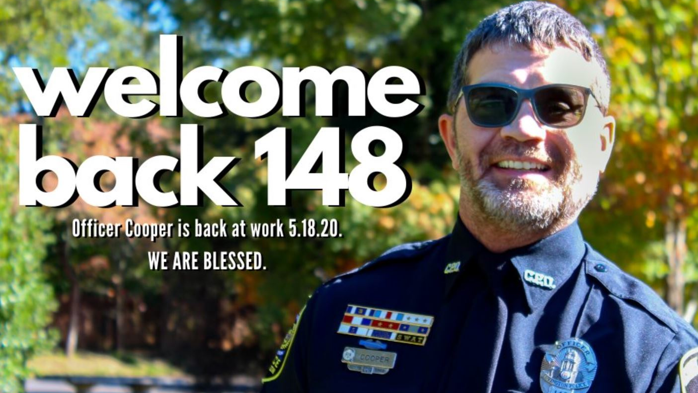 Covington Police Officer Matt Cooper, who was in a fight for his life after being shot in the head while responding to a shoplifting call more than 20 months ago, returned to work this week.