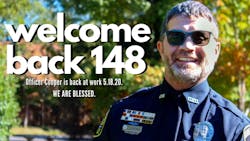 Covington Police Officer Matt Cooper, who was in a fight for his life after being shot in the head while responding to a shoplifting call more than 20 months ago, returned to work this week. Covington Police Officer Matt Cooper, who was in a fight for his life after being shot in the head while responding to a shoplifting call more than 20 months ago, returned to work this week.