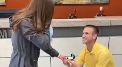 A New Jersey State Police detective who was shot and wounded in the line of duty last month had a big surprise for his girlfriend as he proposed to her as he was released from the hospital on Wednesday.