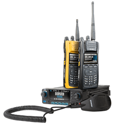 The L3Harris XL Family includes the XL-200M P25 mobile radio (at bottom) and the XL-200P multiband portable radios.