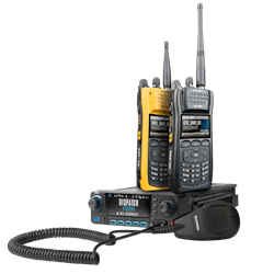 The L3Harris XL Family includes the XL-200M P25 mobile radio (at bottom) and the XL-200P multiband portable radios. The L3Harris XL Family includes the XL-200M P25 mobile radio (at bottom) and the XL-200P multiband portable radios.