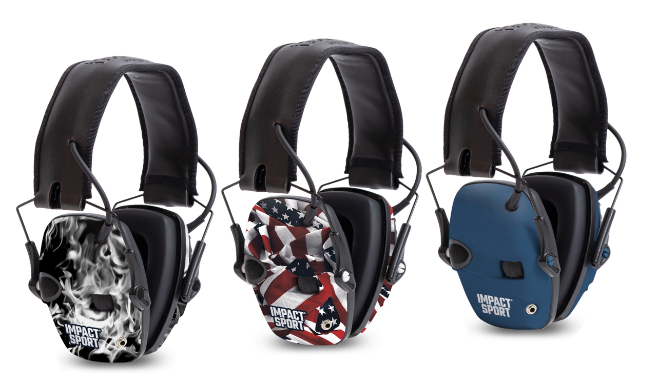 The Howard Leight Impact Sport Honor electronic earmuff collection feature Smoke (at left), One Nation (center), and Real Blue (at right).