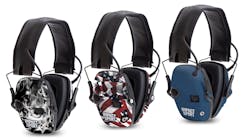 The Howard Leight Impact Sport Honor electronic earmuff collection feature Smoke (at left), One Nation (center), and Real Blue (at right).