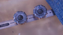 More than 50% larger than their original diameter, the expanded rounds show pretty uniform “mushrooming” as the jacket and forward length of the projectile spread on impact and penetration of a target. The center post, unique to Hydra-Shok ammo, is clearly visible in both bullets. More than 50% larger than their original diameter, the expanded rounds show pretty uniform “mushrooming” as the jacket and forward length of the projectile spread on impact and penetration of a target. The center post, unique to Hydra-Shok ammo, is clearly visible in both bullets.