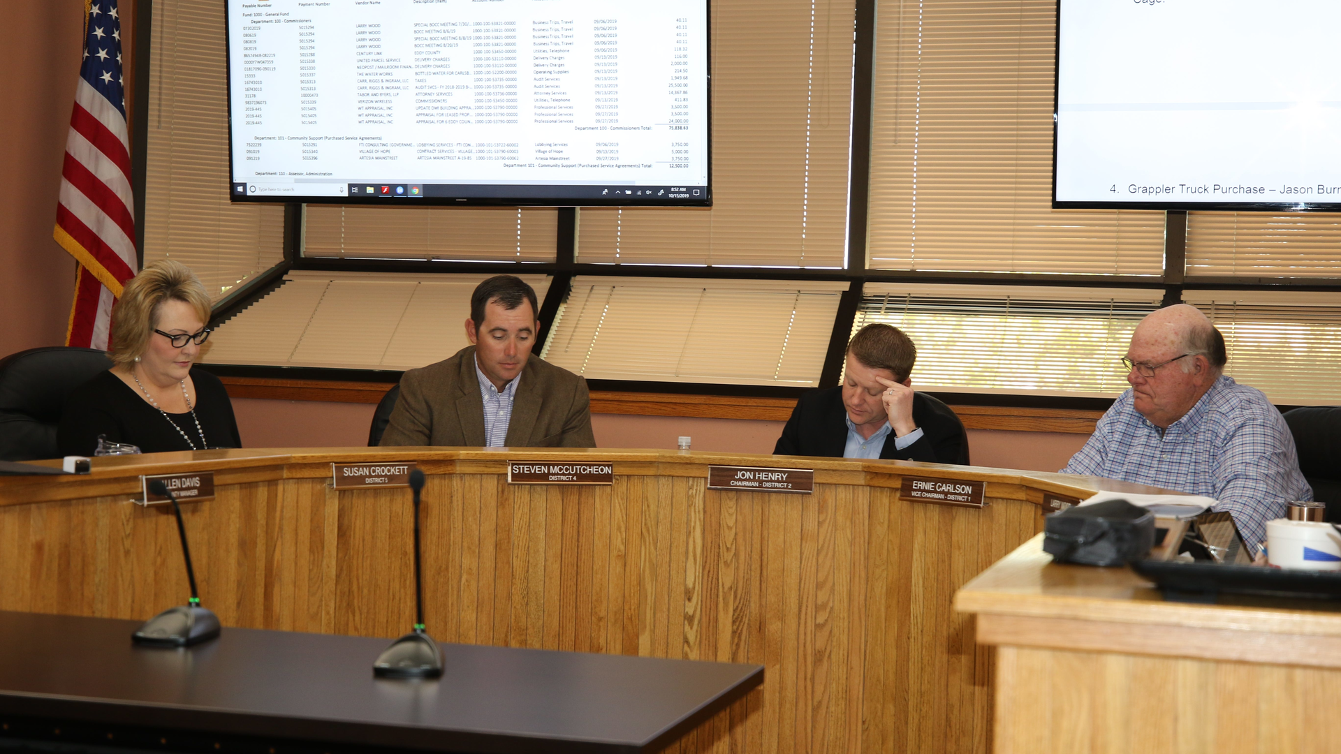 From left:Eddy County Commissioners Susan Crockett, Steve McCutcheon, Jon Henry and Ernie Carlson discuss Eddy County business during an Oct. 15 meeting in Carlsbad.