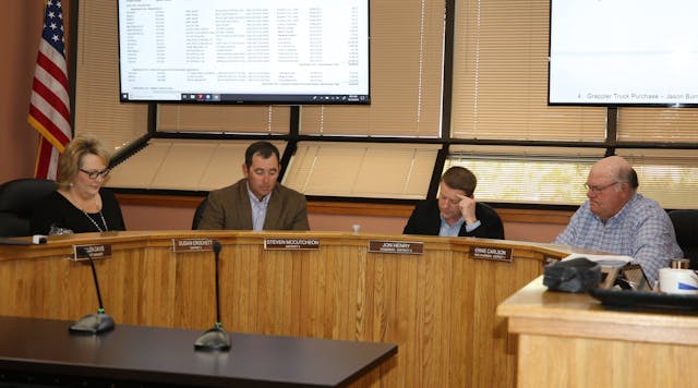 From left:Eddy County Commissioners Susan Crockett, Steve McCutcheon, Jon Henry and Ernie Carlson discuss Eddy County business during an Oct. 15 meeting in Carlsbad.