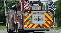 Hingham fire trucks have flown a black and blue flag to honor Weymouth Sgt. Michael Chesna, who was killed in the line of duty in July 2018.
