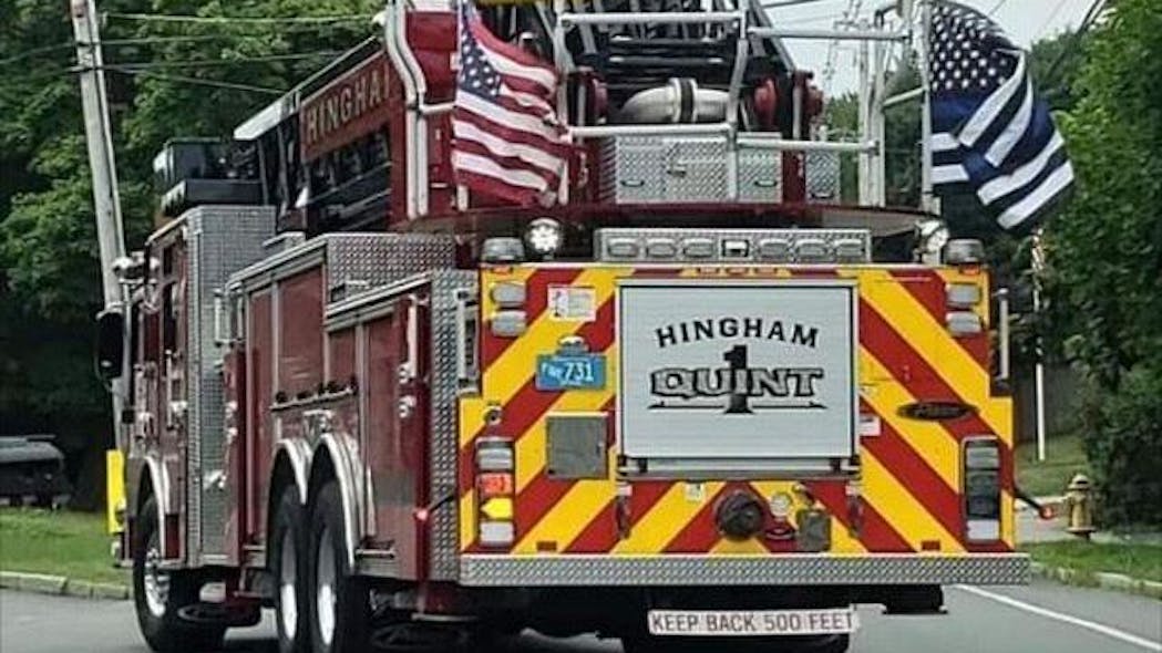 Hingham fire trucks have flown a black and blue flag to honor Weymouth Sgt. Michael Chesna, who was killed in the line of duty in July 2018.