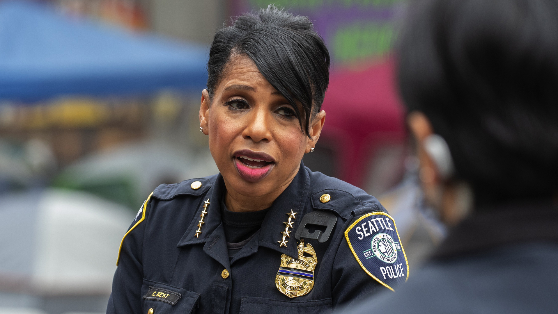 Seattle Police Chief Carmen Best holds a news conference in front of the East Precinct on Monday, June 29, 2020 after an early-morning shooting left one person dead and another injured in front of the station.