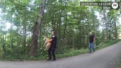 Caledonia Police Officer Cory Radke was the first to arrive on scene and held a neighbor check the home before locating the dog. Caledonia Police Officer Cory Radke was the first to arrive on scene and held a neighbor check the home before locating the dog.