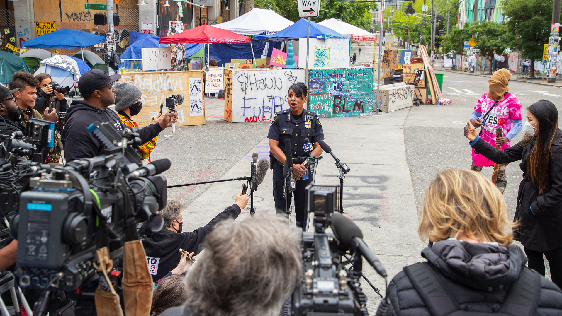 Seattle Police Chief Carmen Best holds a new conference in front of the East Precinct on Monday, June 29, 2020 after an early-morning shooting left one person dead and another injured in front of the station on 12th Avenue between East Pike Street and East Pine Street in Seattle.