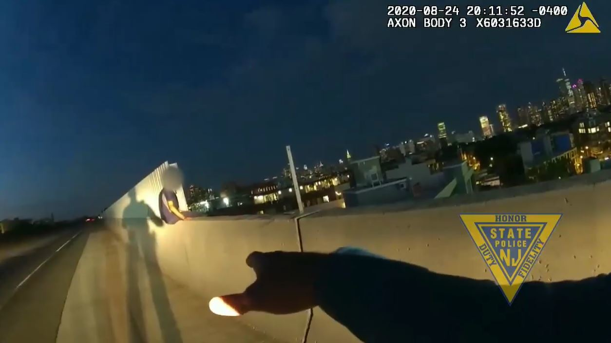 New Jersey State Police Trooper Nicholas Corvino rescued a suicidal man attempting to jump from a bridge Monday night.