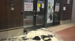 A demonstration by protesters in Portland began peacefully Tuesday night, but again turned violent as members of the group began to vandalize and set fire to the Multnomath Building.